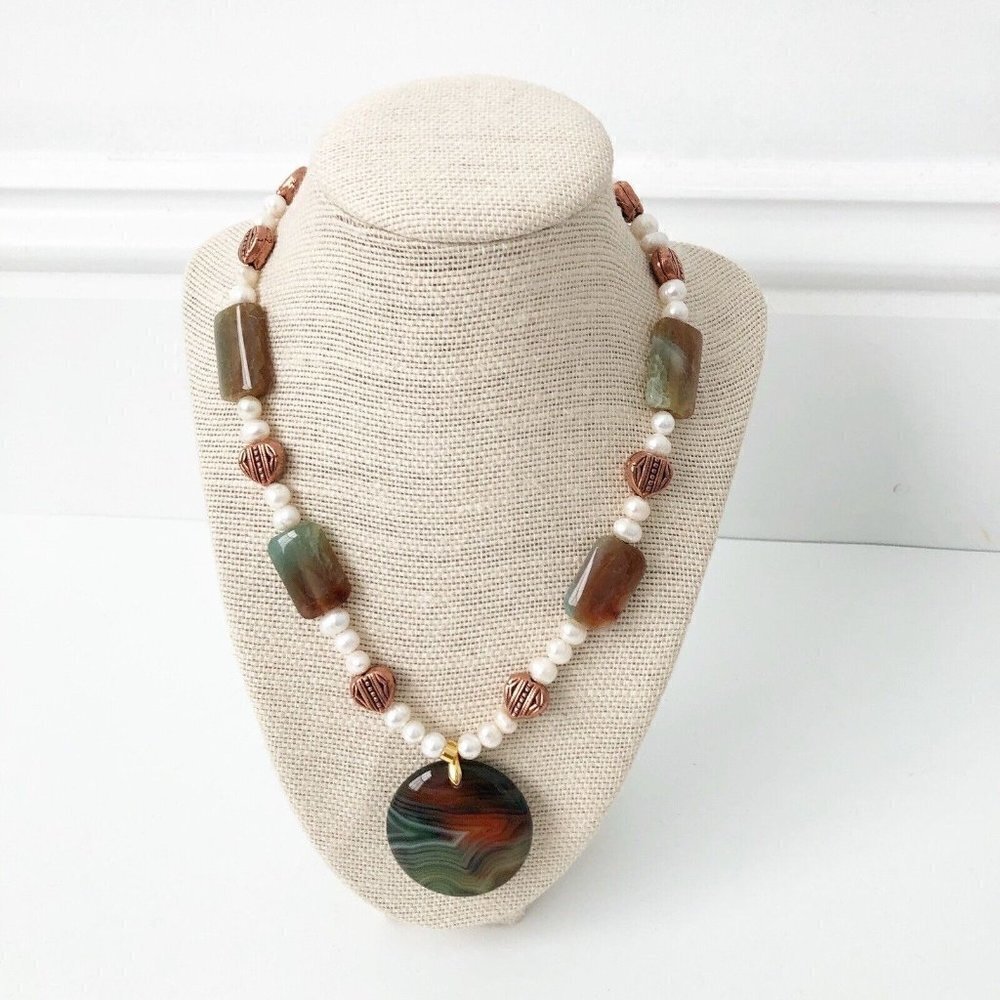 NWT Genuine Agate, Pearls & Copper Necklace Green White Brown